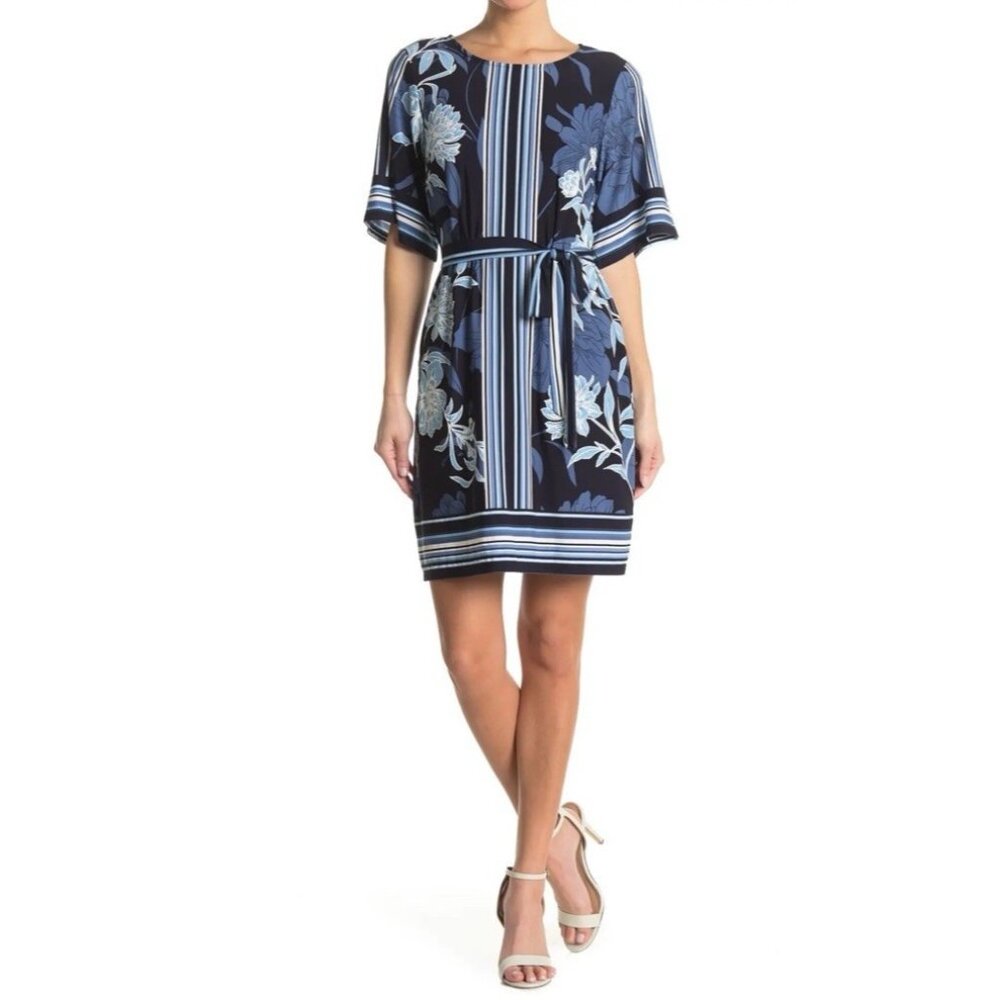 Sandra Darren Dress XL Extra Large Blue White Short Sleeve Stretch Washable NEW